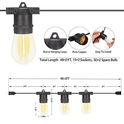 96ft Led Outdoor String Lights With Dimmer & Timer Shatterproof Ip65 Outdoor Lig