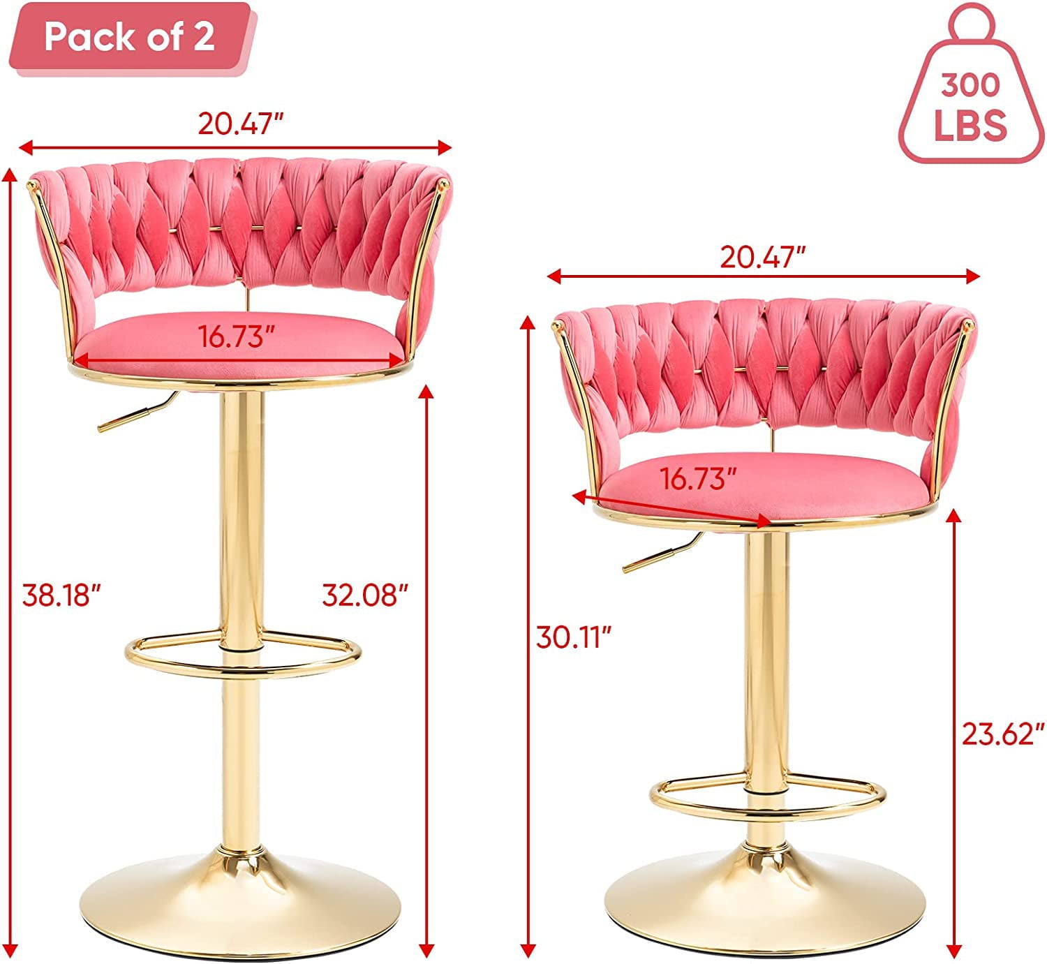 KINFFICT Upholstered Adjustable Swivel Barstool Set of 2, Velvet Bar Height Bar Stools Counter Height Bar Stools, Pink