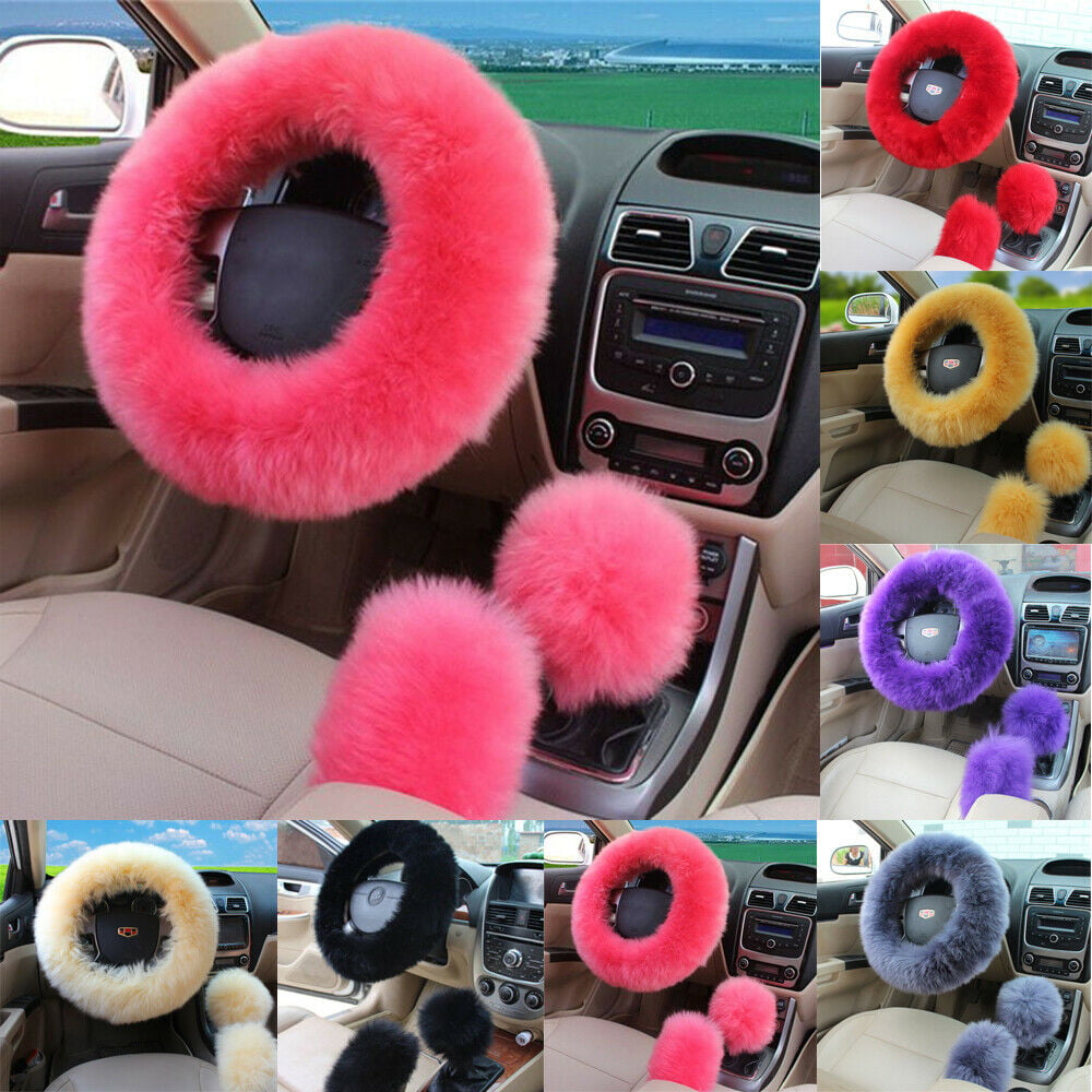 Universal Car Plush Fuzzy Steering Wheel Cover Wool Fur Gear Knob Shifter Brake