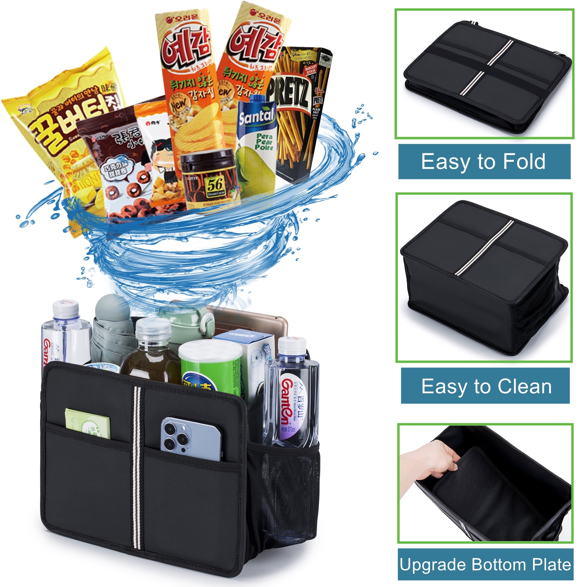 Uplien Car Seat Back Organizer and Storage, Premium PU Leather Hanging Backseat Car Organizer, Ultra-Durable Foldable - Black 11.42