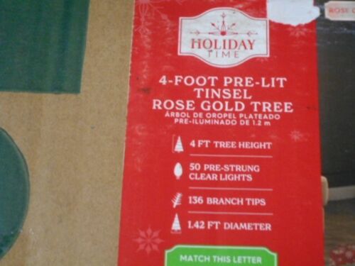 4 FT ROSE GOLD Christmas Tinsel Tree 50 Clear Lights 136 TIPS  New