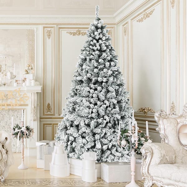 9 ft. Pre-Lit Artificial Christmas Tree Snow Flocked Hinged Pine Tree with Metal Stand