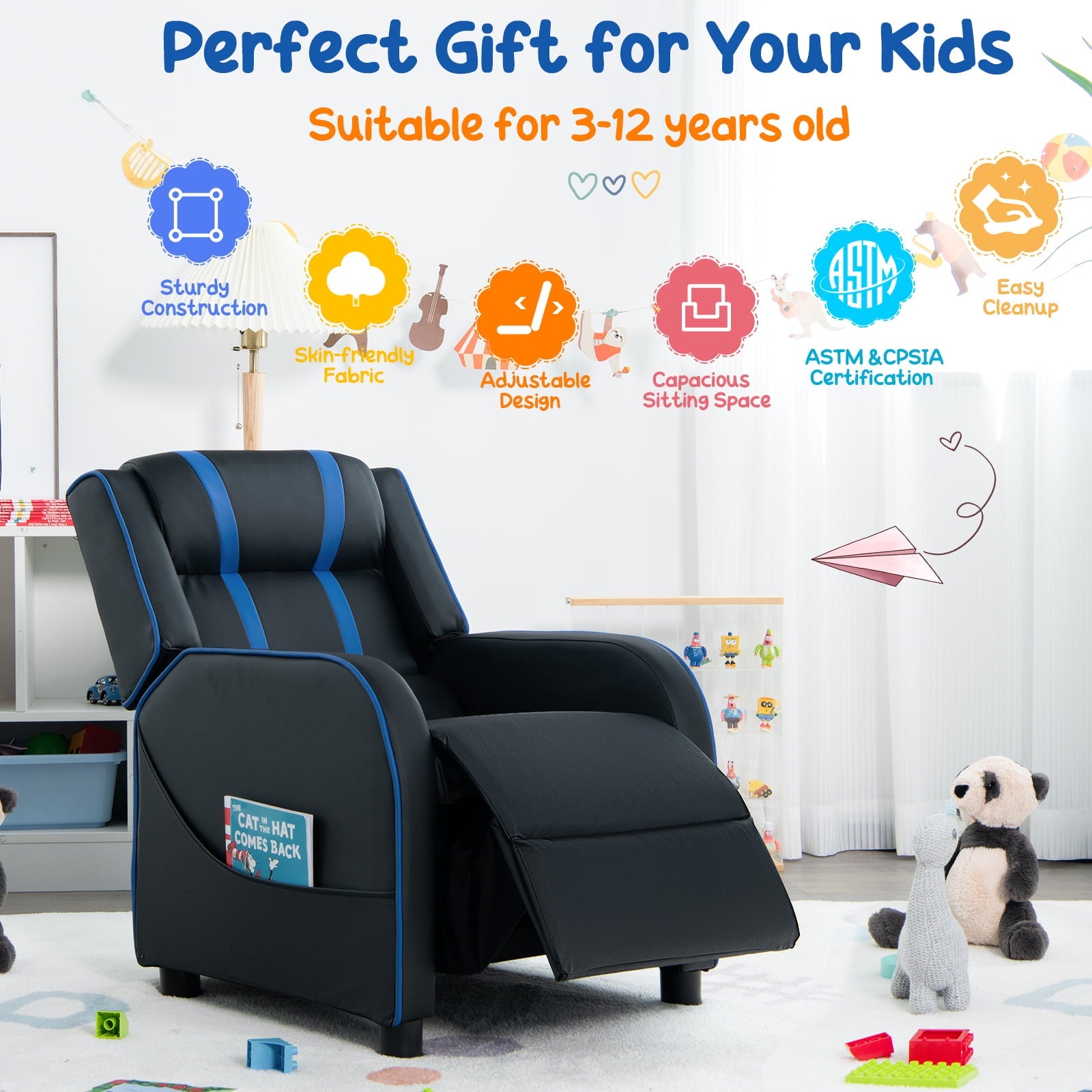 Infans Kids Recliner Chair Ergonomic Leather Sofa Armchair w/Footrest Side Pocket Blue