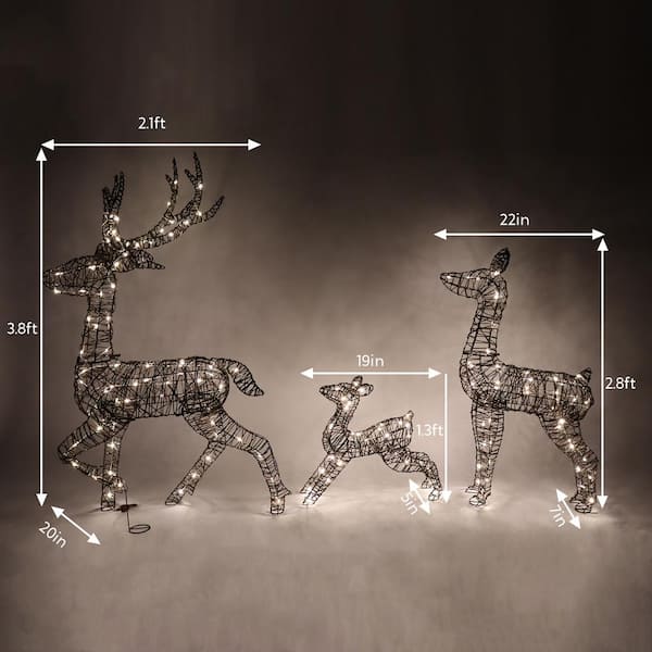 45.6 in H Black Synthetic Rattan Reindeer Family Warm White LED Lights (Set of 3) Indoor Outdoor Christmas