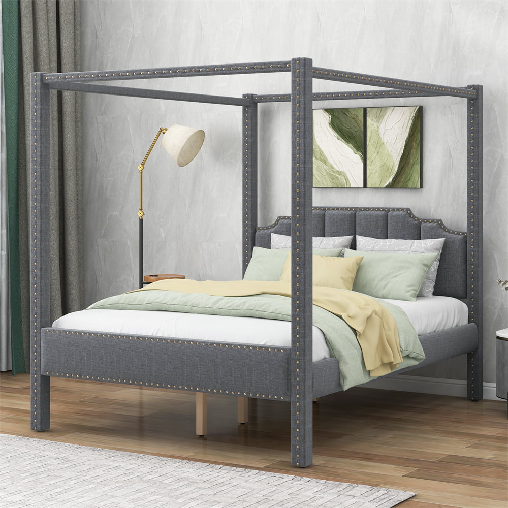 Queen Size Canopy Bed Frame, Canopy Platform Bed with Upholstered Headboard and Nail Head Trims, Seven Solid Wood Legs Support, for Teens Adults, Gray