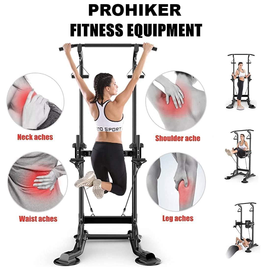 PROHIKER Power Tower Dip Station, Pull Up Bar Stand Power Rack with Backrest and Resistance Band, Height Adjustable Strength Training Equipment for Fitness Home Workout, Black