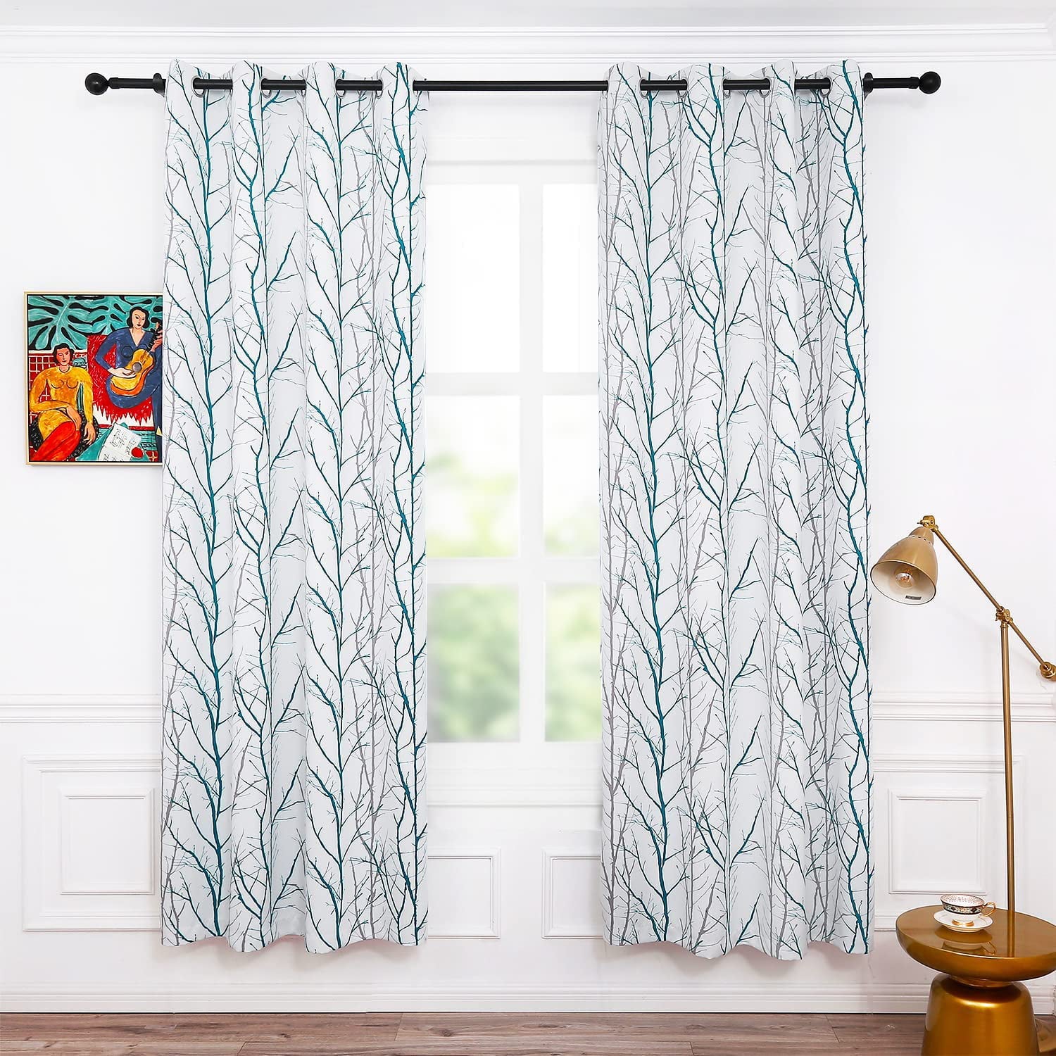 Anjee Blackout Curtains 96 Inches Long Set of 2 for Bedroom, Teal Tree Print Fashion Grommet Light Blocking Window Panels for Living Room 52