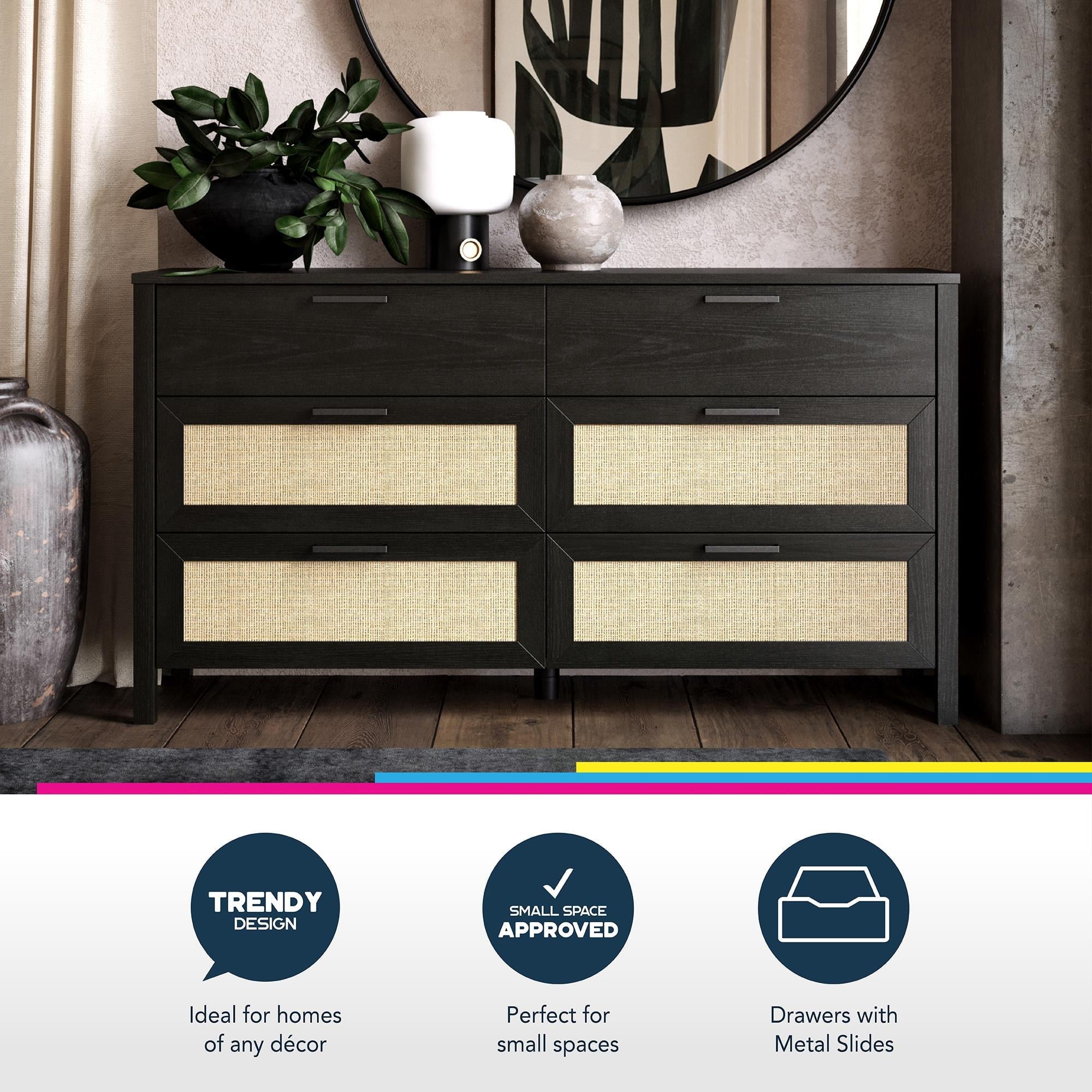 Queer Eye Wimberly 6 Drawer Dresser, Natural with Faux Rattan