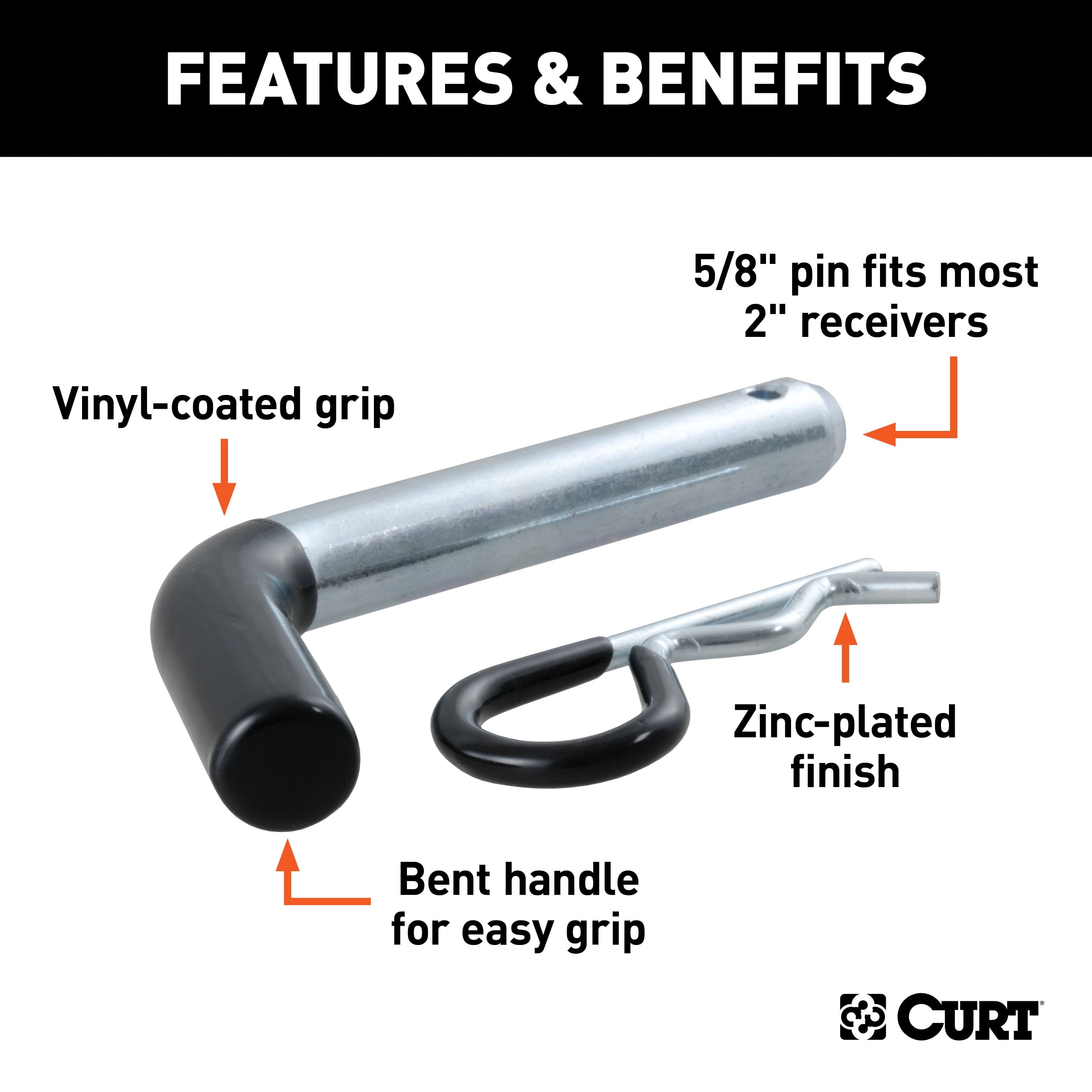 CURT 21510 Trailer Hitch Pin & Clip with Vinyl-Coated Grip, 5/8-Inch Diameter, Fits 2-Inch Receiver