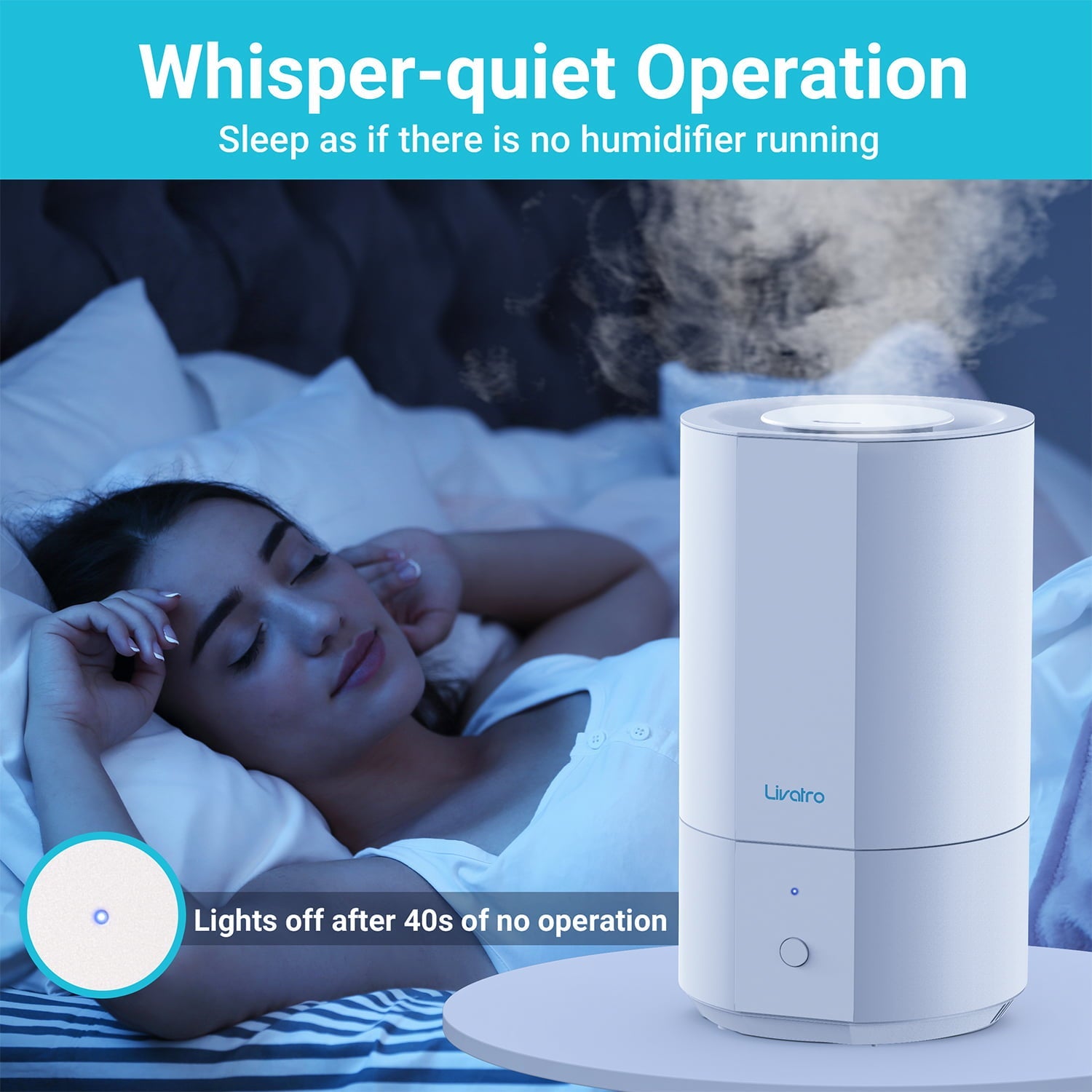 Livatro 4L Top Fill Humidifiers for Bedroom Large Room Nursery, Cool Mist Humidifier With Ultrasonic Quiet, Auto Shut-off and Easy to Clean, Last up to 40 Hours, White