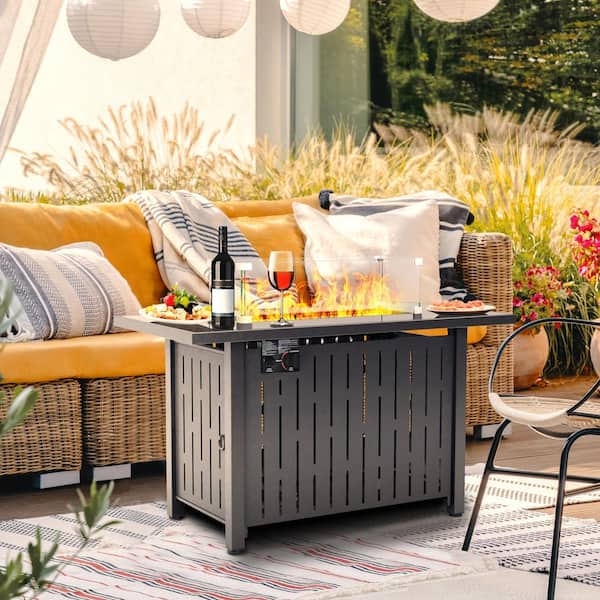 28 in. Brown Wicker Square Outdoor Fire Pit Table with Ceramic Tile Tabletop