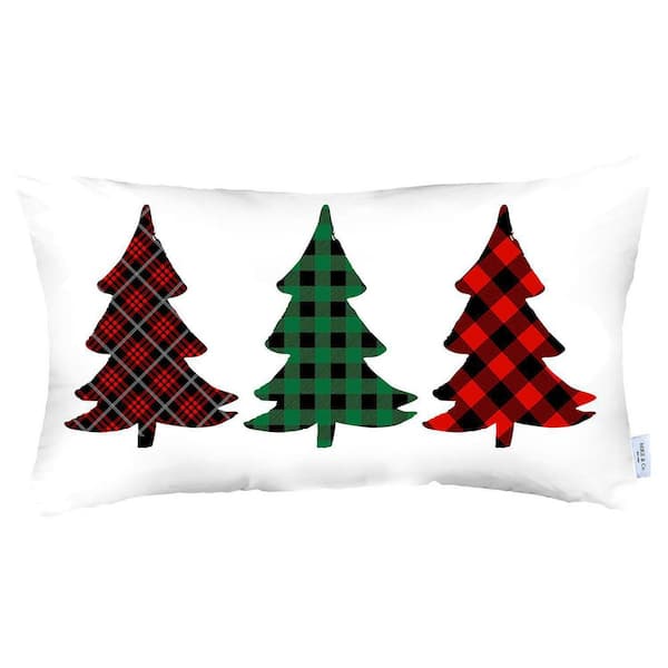 Decorative Christmas Tree Single Throw Pillow Cover 12 in. x 20 in. White and Red Lumbar for Couch, Bedding