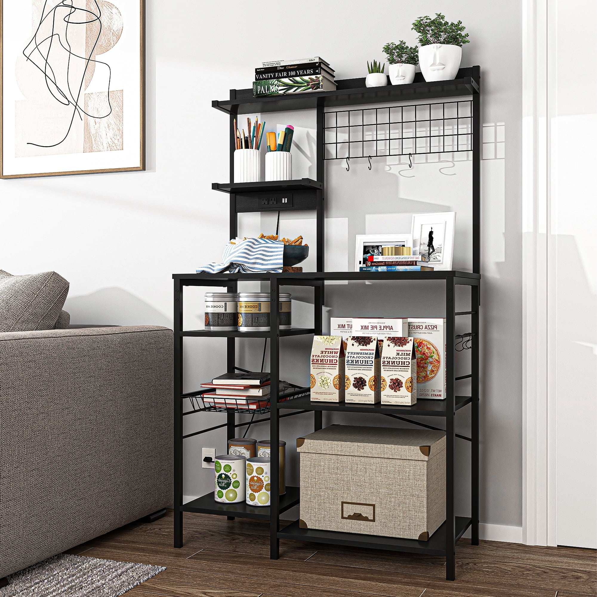 Resenkos Bakers Rack for Kitchen with Charging Station, 6 Tier Storage Shelf Kitchen Rack Holder Organizer Black Finish
