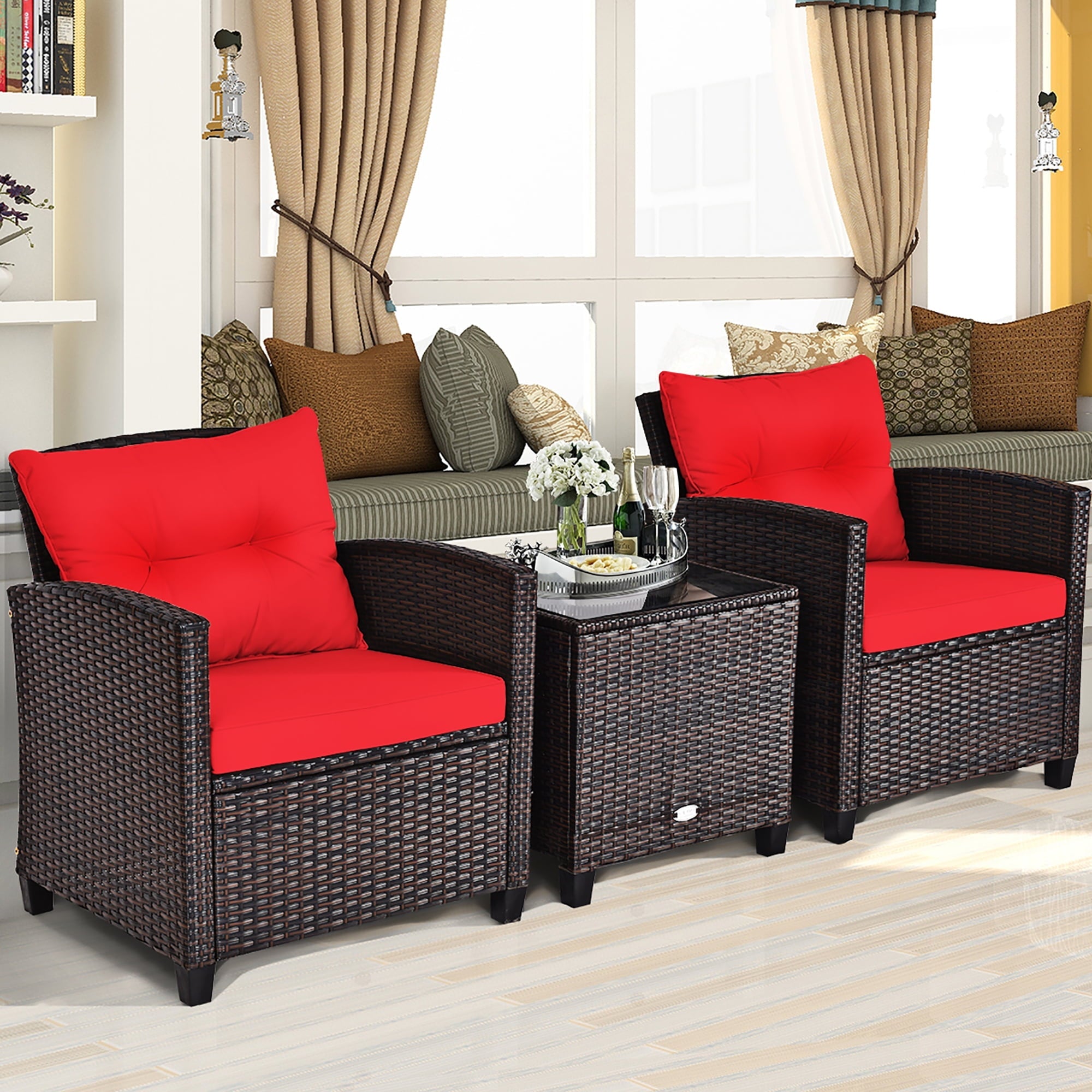 Costway 3PCS Patio Rattan Furniture Set Cushioned Conversation Set Sofa Coffee Table Red