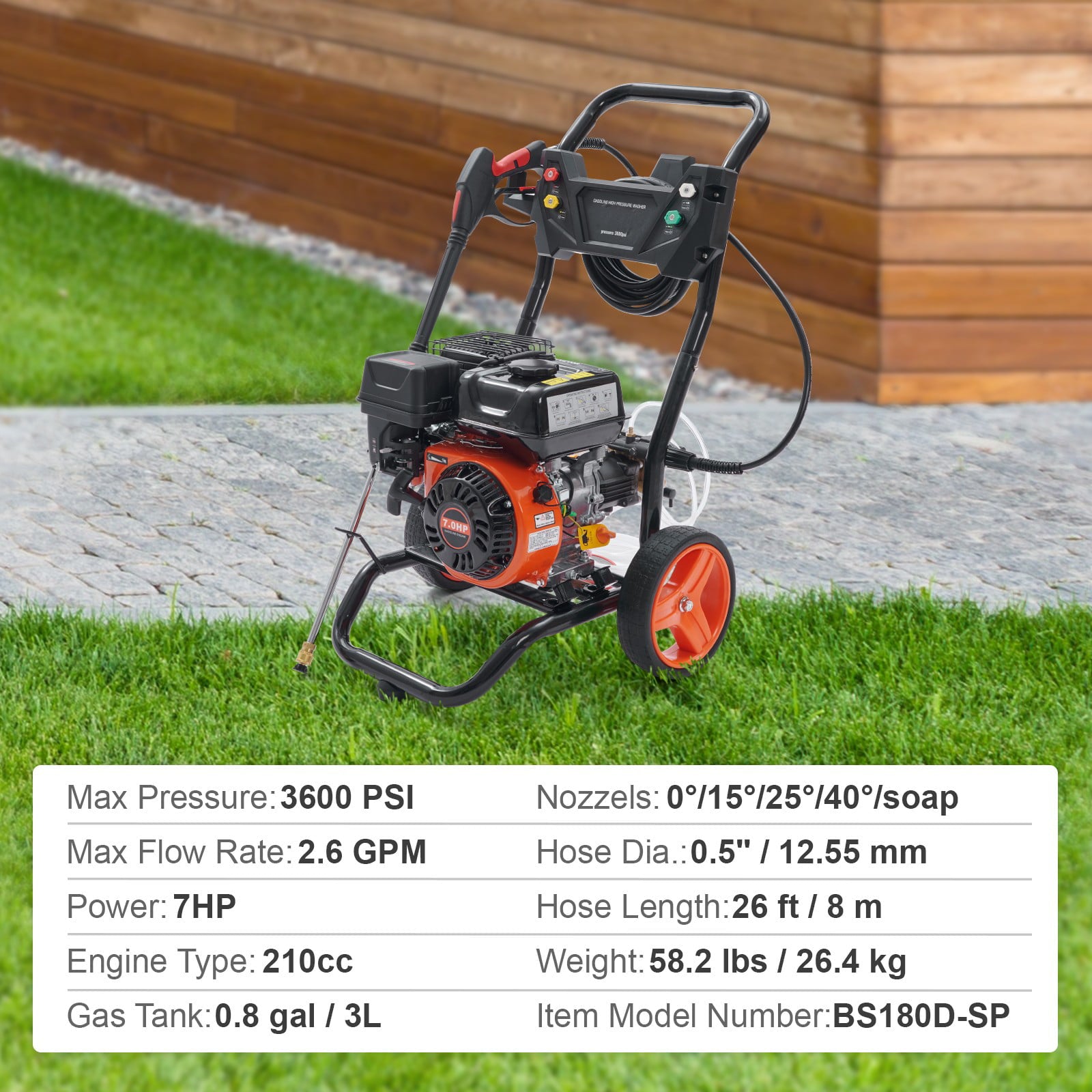 BENTISM 3600 PSI 2.6 GPM Gas Pressure Washer w/26 ft High Pressure Hose 5 Nozzles Gas Powered Washer