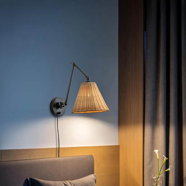 Black Woven Rattan Plug-in Swing Arm Wall Lamp with On/Off Switch