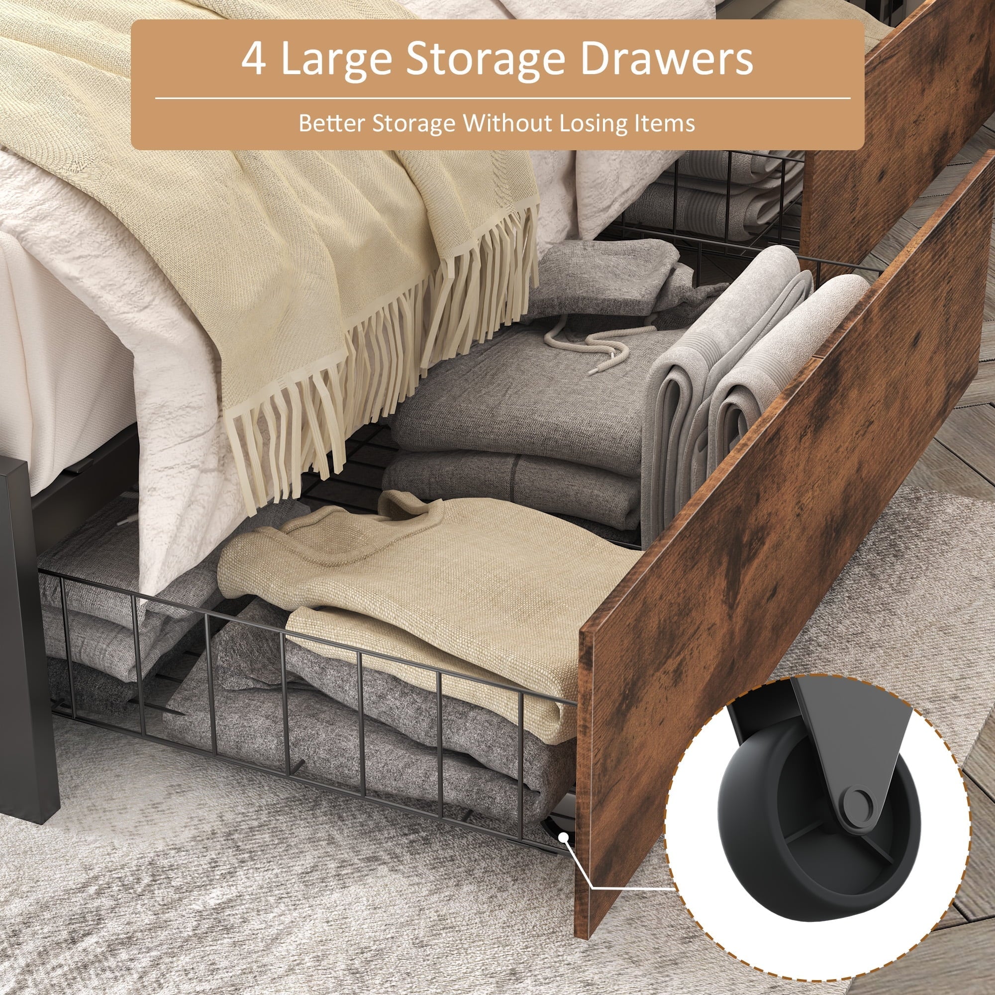 Lifezone Queen Bed Frame with Headboard Charging Station Storage Drawer,Metal Support,Vintage Brown