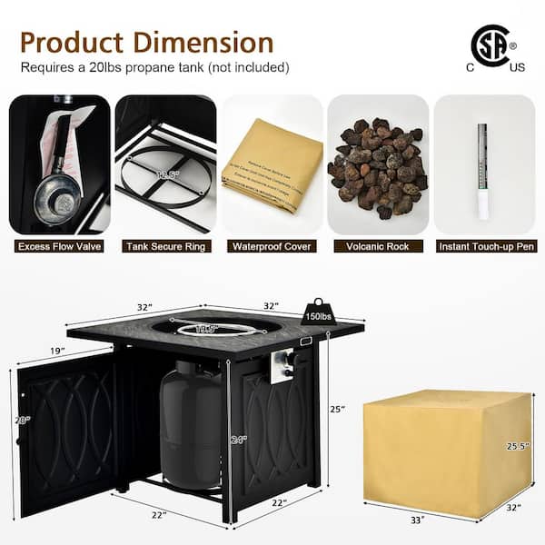 50,000 BTU Propane 32 in. Stone Metal Fire Pit Table Square Tabletop with Lava Rocks Cover