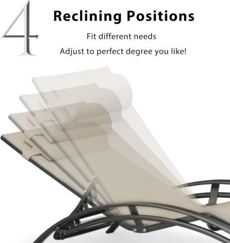 2 Patio Chaise Lounge Reclining Curved Chair Table Headrest Textile Metal Frame