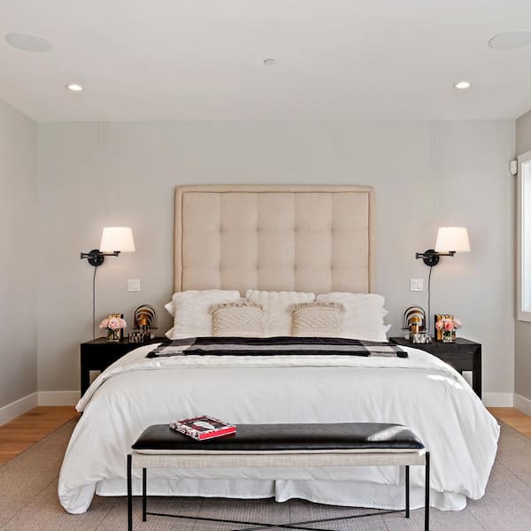 1-Light Black Plug-In Swing Arm Wall Lamp with Linen Shade Set of 2