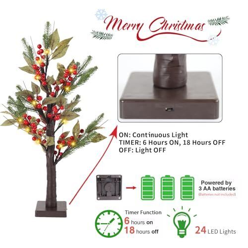 2FT Christmas Tree, Mini Christmas Tree, Prelit Christmas Tree with 24 LED