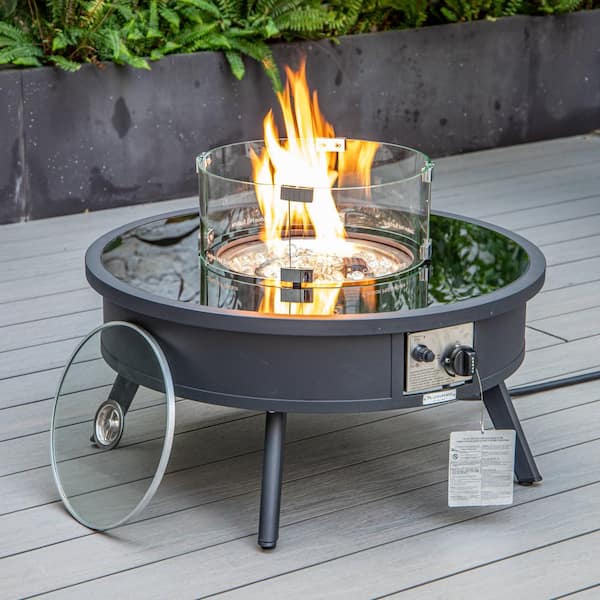 Walbrooke Modern Black Patio Round Fire Pit Table with Aluminum Frame