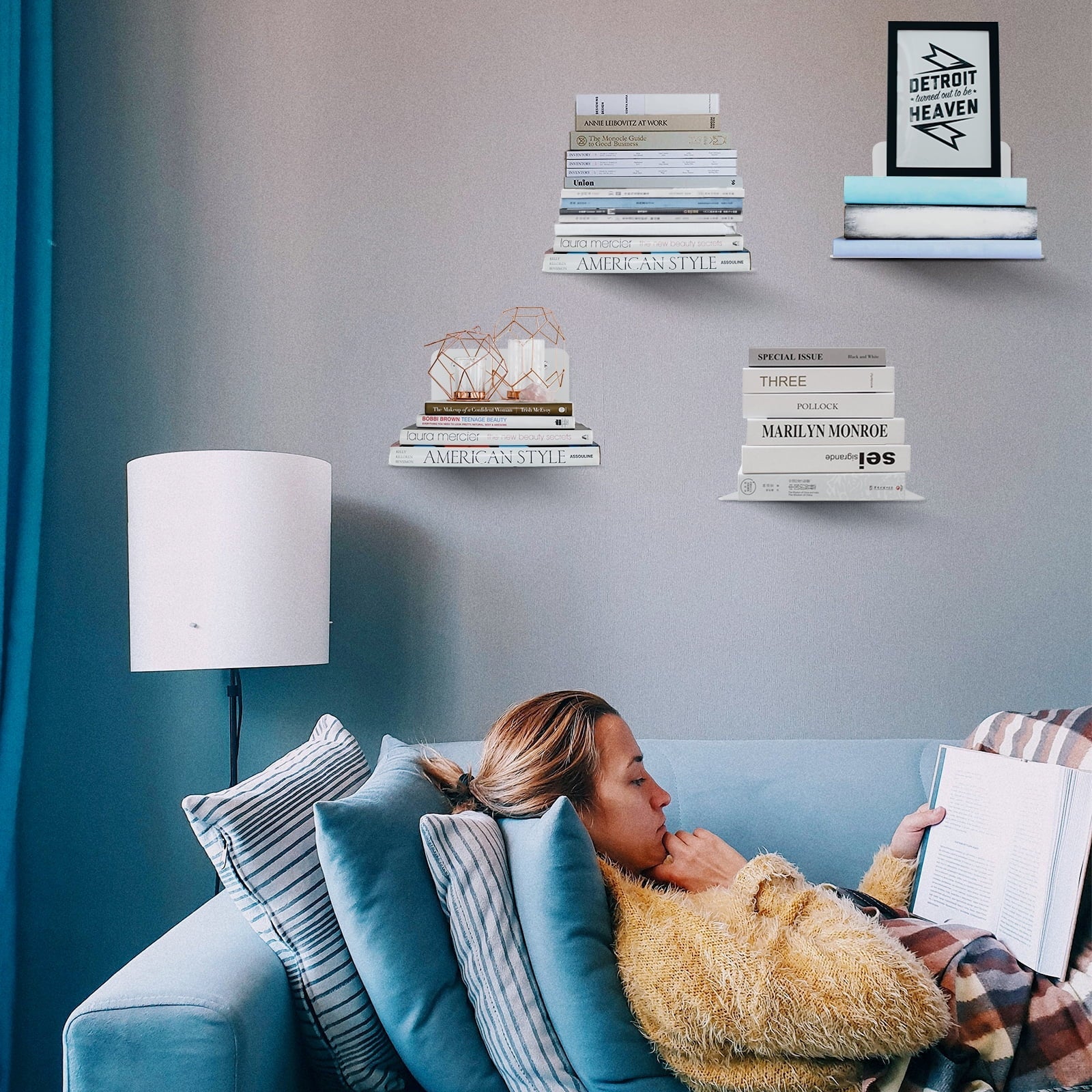 Invisible Floating Bookshelf, Wall Mounted Floating Bookshelves Heavy-Duty Book Organizers Hidden Book Shelf Metal Shelves Holder for Books Storage Bedroom Living Room Home Office, 4-Pack White