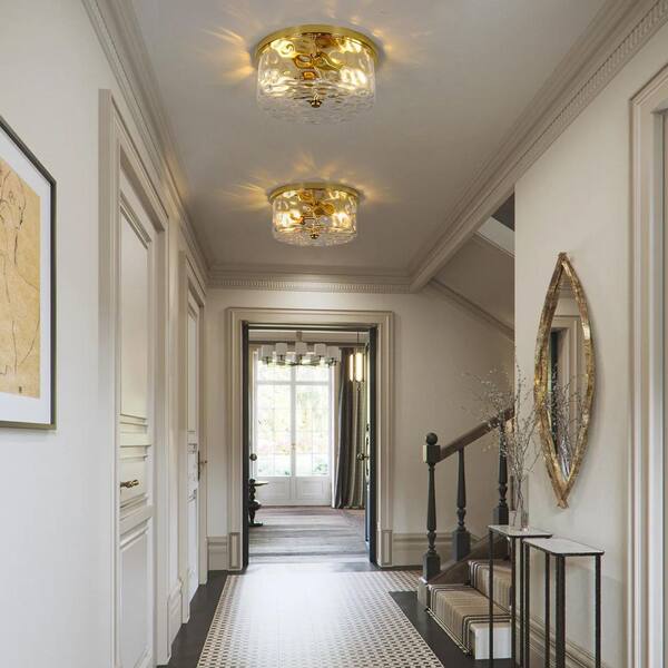 12 in. 2-Light Brass Gold Flush Mount Ceiling Light with Water Rippled Glass Shade