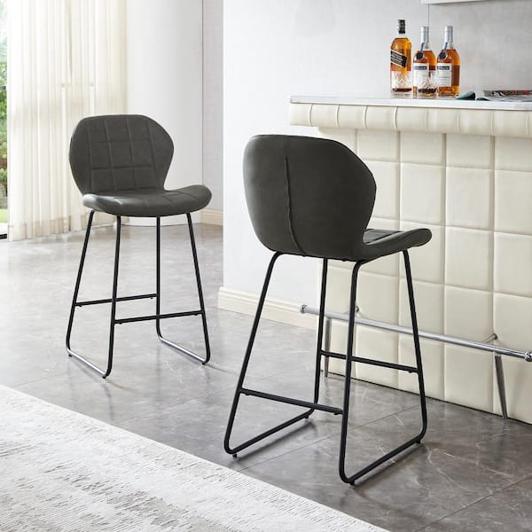 37.4 in. Gray High Back Metal Bar Stool Counter Stool with PU Leather Seat (Set of 4)
