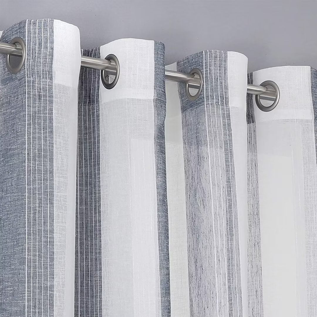 Haperlare Sheer Curtains Vertical Stripe Voile Yarn Dyed Faux Linen Textured Light Filtering Window Drapes for Bedroom, Navy Blue, 52