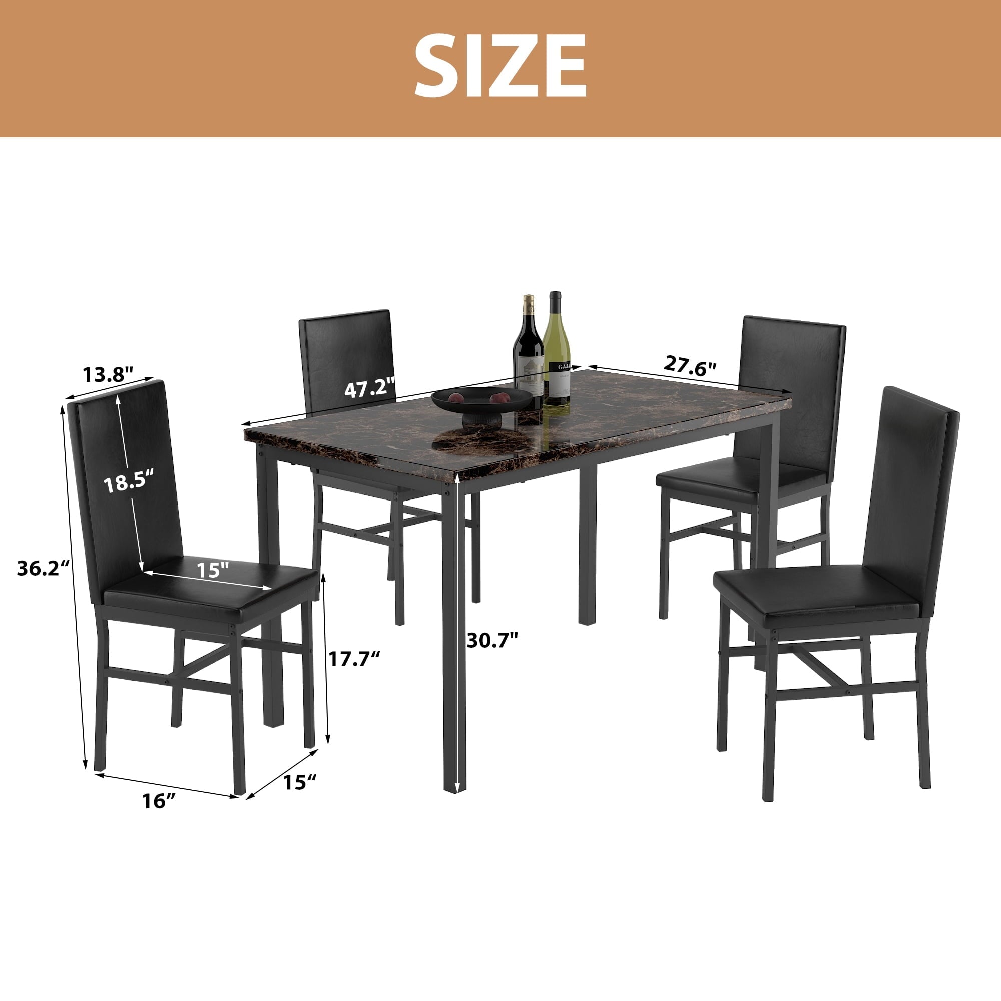 uhomepro 5-Piece Dining Room Table Set for 4 Person, Elegant Dining Table Set, Home Kitchen Table with 4 PU Leather Chairs and Metal Dining Room Modern Furniture