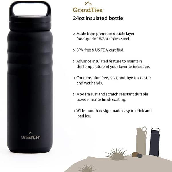 24 oz. Midnight Black Travel Water Bottle - Wide Mouth Vacuum Insulated Water Bottle with 2-Style Lids