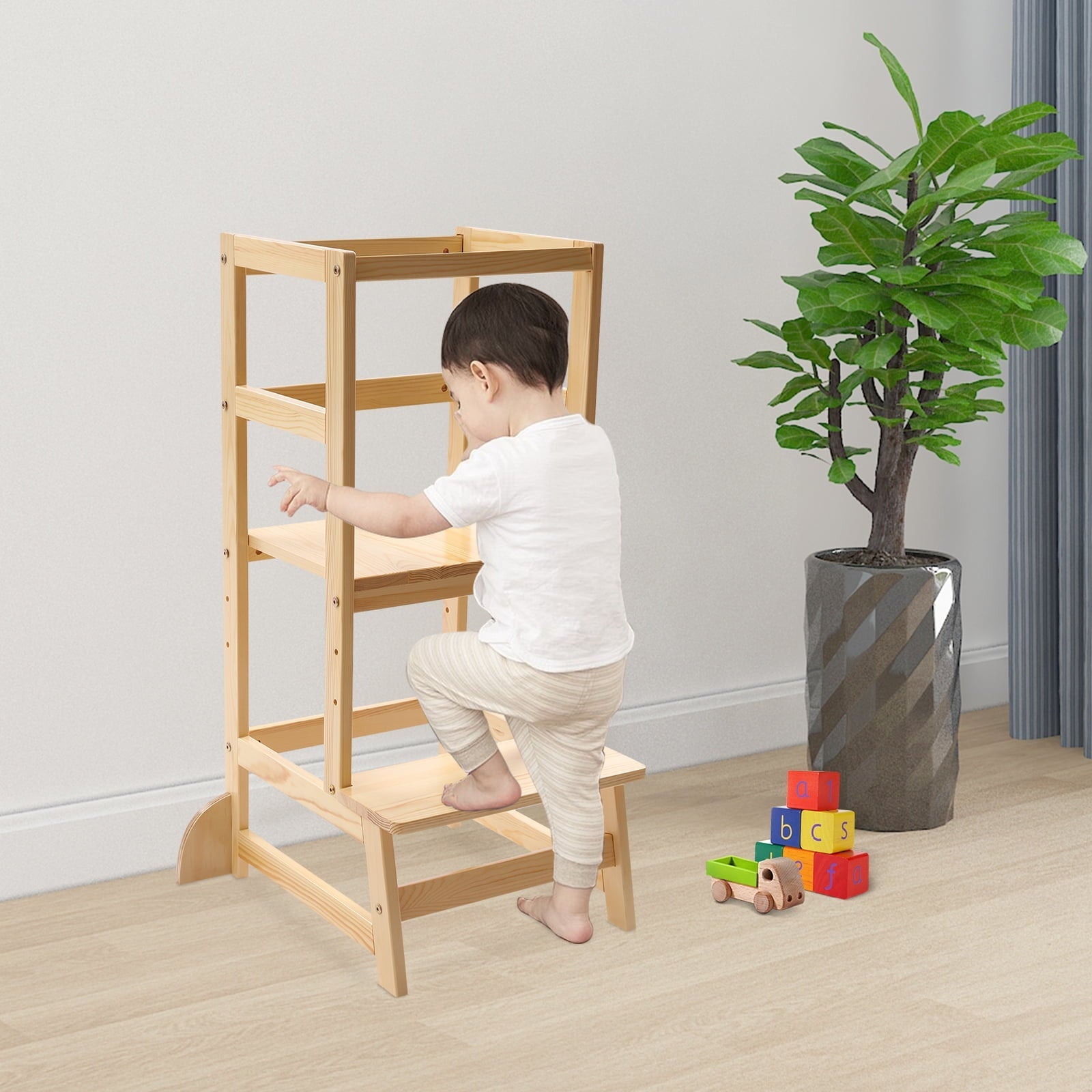 Kitchen Step Stool with Safety Rails Natural