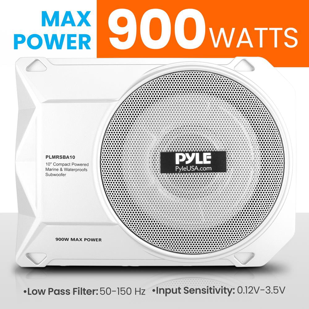 Pyle 10-Inch Low-Profile Amplified 900 Compact Enclosed Active Marine Under seat Car Subwoofer