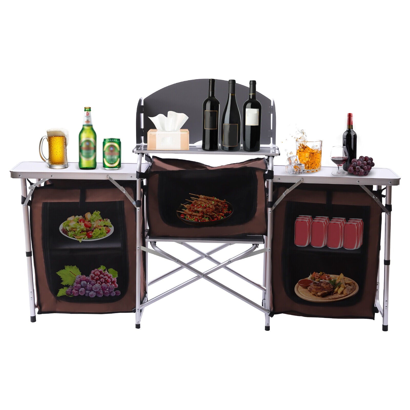 Folding Camping Kitchen Table with Storage Portable Outdoor Cooking Table with Aluminium Windscreen Kitchen Station with 2 Side Tables for BBQ Grill Picnics Brown