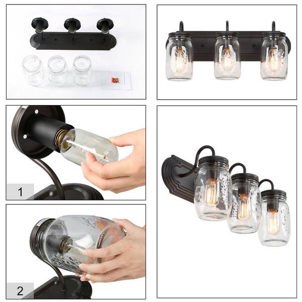 Modern Farmhouse 3-Light Oil-Rubbed Bronze Bathroom Vanity Light with Clear Mason Jar Glass Shade, Coastal Wall Sconce