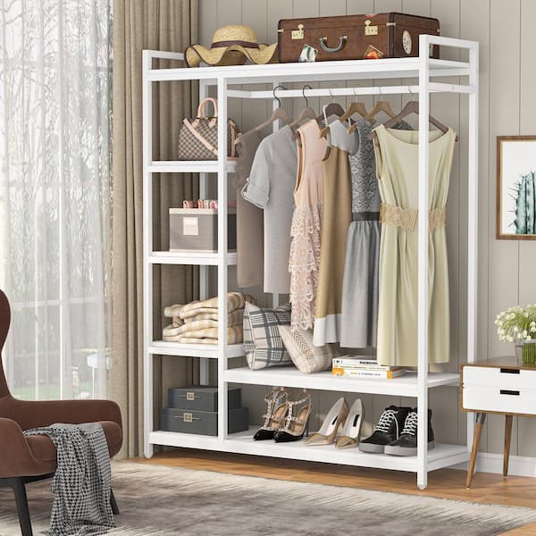 Billie White Armoire with 6-Storage Shelves and Beach Industrial Entryway Hall Trees 70.9 in. x 47.3 in. x 15.7 in.