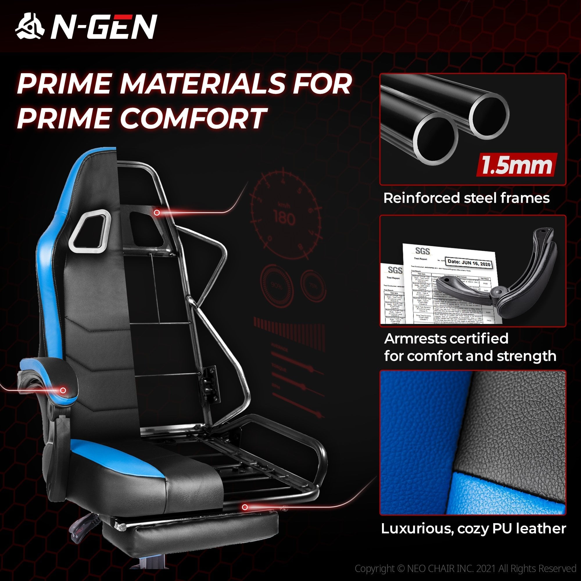 N-GEN Citus Series Ergonomic Leather Footrest High Back Gaming Chair, Blue