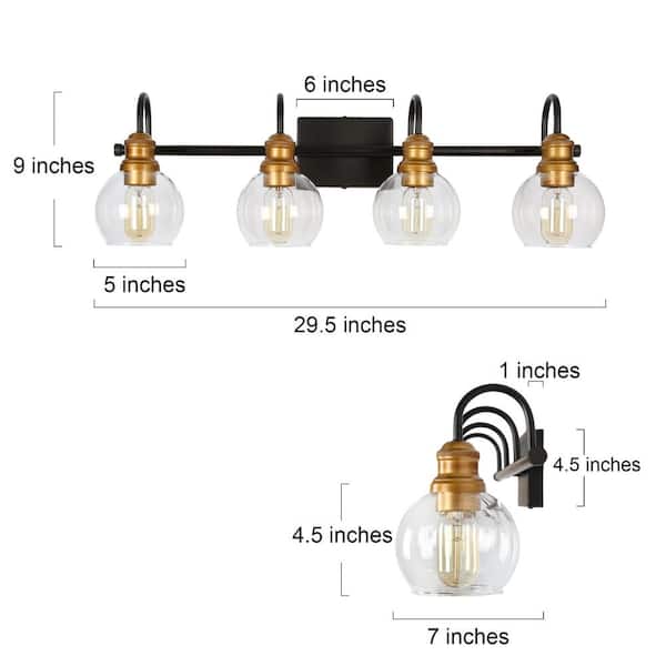 Modern Black Wall Light 29.5 in. 4-Light Bronze and Antique Gold Bathroom Brass Vanity Light with Globe Glass Shades