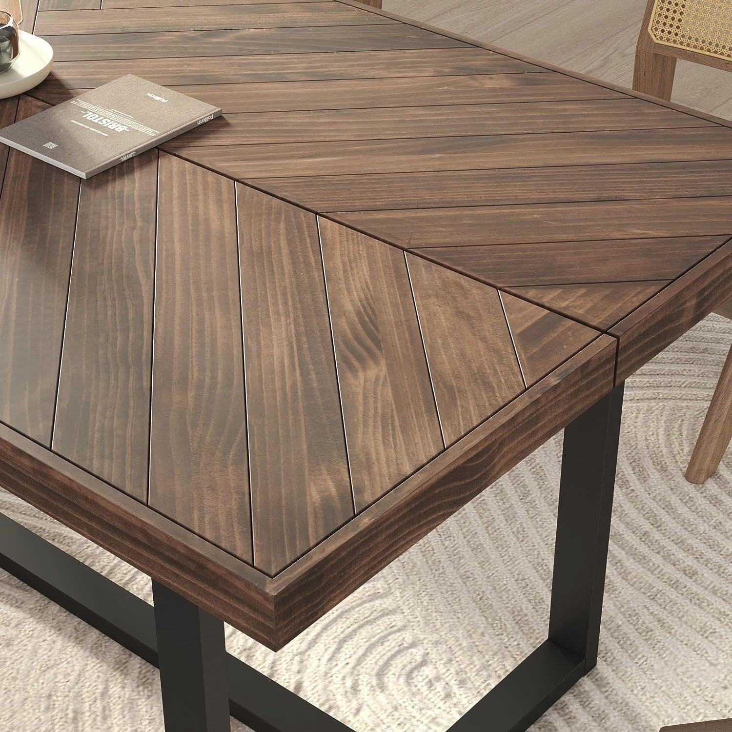 ChVans 72 inch Modern Farmhouse Solid Wood Dining Table for 6 to 8, Rectangular Kitchen and Dining Table with Metal Frame, Rustic Breakfast Table for Living, Dining Room(Brown+Pattern-72 in Dining Table)