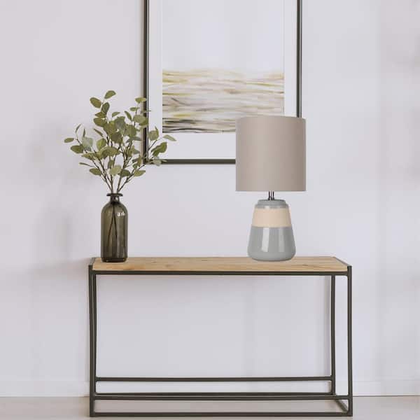 16 in. Grey Ceramic Table Lamp with Beige Fabric Shade