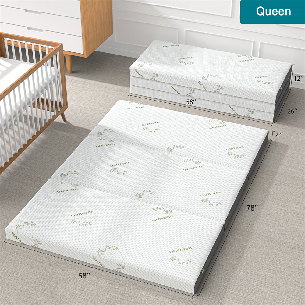 4 Inch Folding Mattress, Portable Trifold Gel Memory Foam Fold Mattresses, Guest Bed, Queen