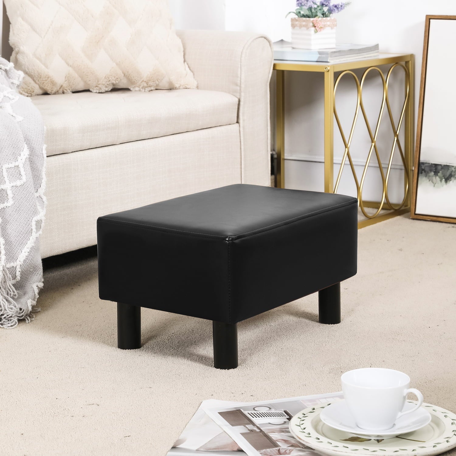 Homebeez Small Footstool Ottoman,Modern Rectangle Chair Foot Rest Foot Step Stool,Black