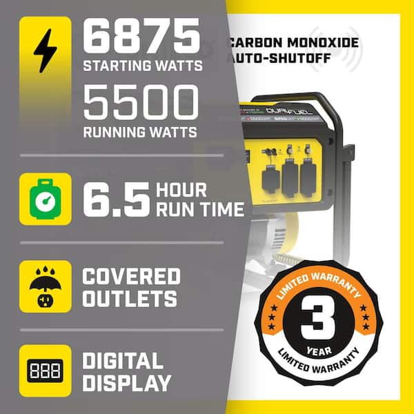 6875/5500-Watt Recoil Start Gasoline and Propane Powered Dual Fuel Portable Generator with CO Shield