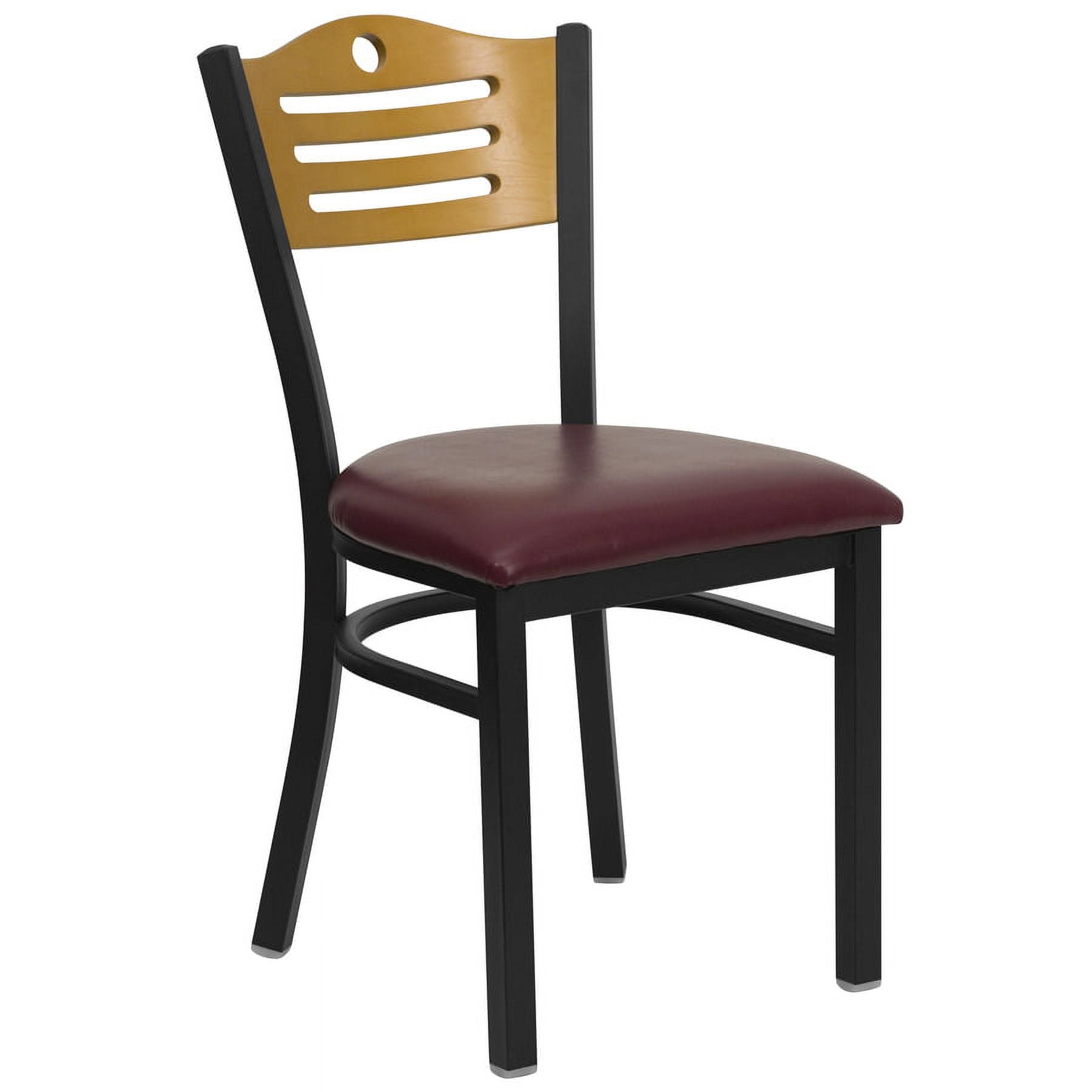 BizChair Black Slat Back Metal Restaurant Chair - Natural Wood Back, Burgundy Vinyl Seat