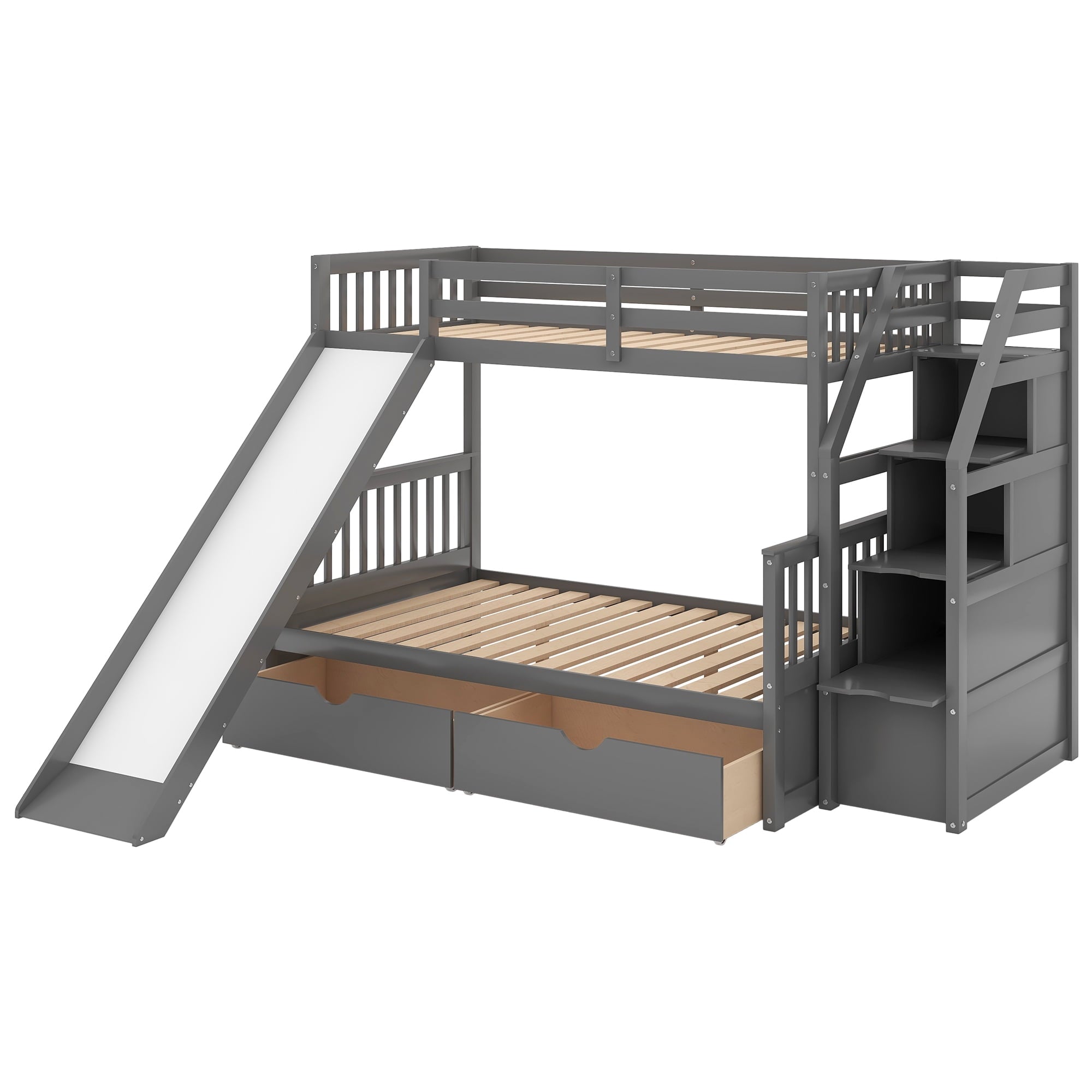 Euroco Wood Twin Over Full Bunk Bed with Drawers and Slide, Gray