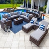 Tuscany 21-Piece Resin Wicker Outdoor Patio Furniture Combination Set with Sectional Set, Eight-seat Dining Set, and Chaise Lounge Set (Half-Round Brown Wicker, Polyester Light Gray)