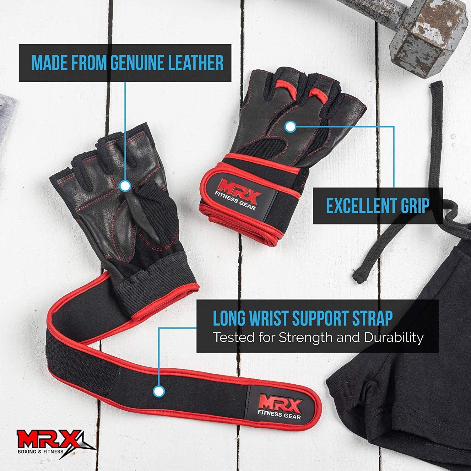 MRX Weight Lifting Gloves Gym Power Training Fitness Bodybuilding Glove Long Wrist Strap Black / Red M