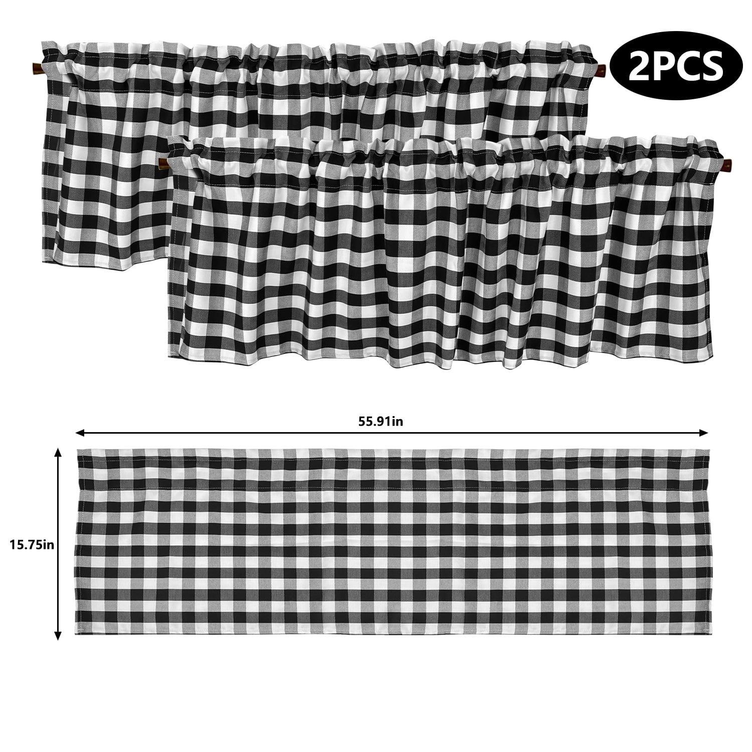 2 Pack Buffalo Check Plaid Window Valances Curtains White and Black, 16 x 56 inch, Blackout