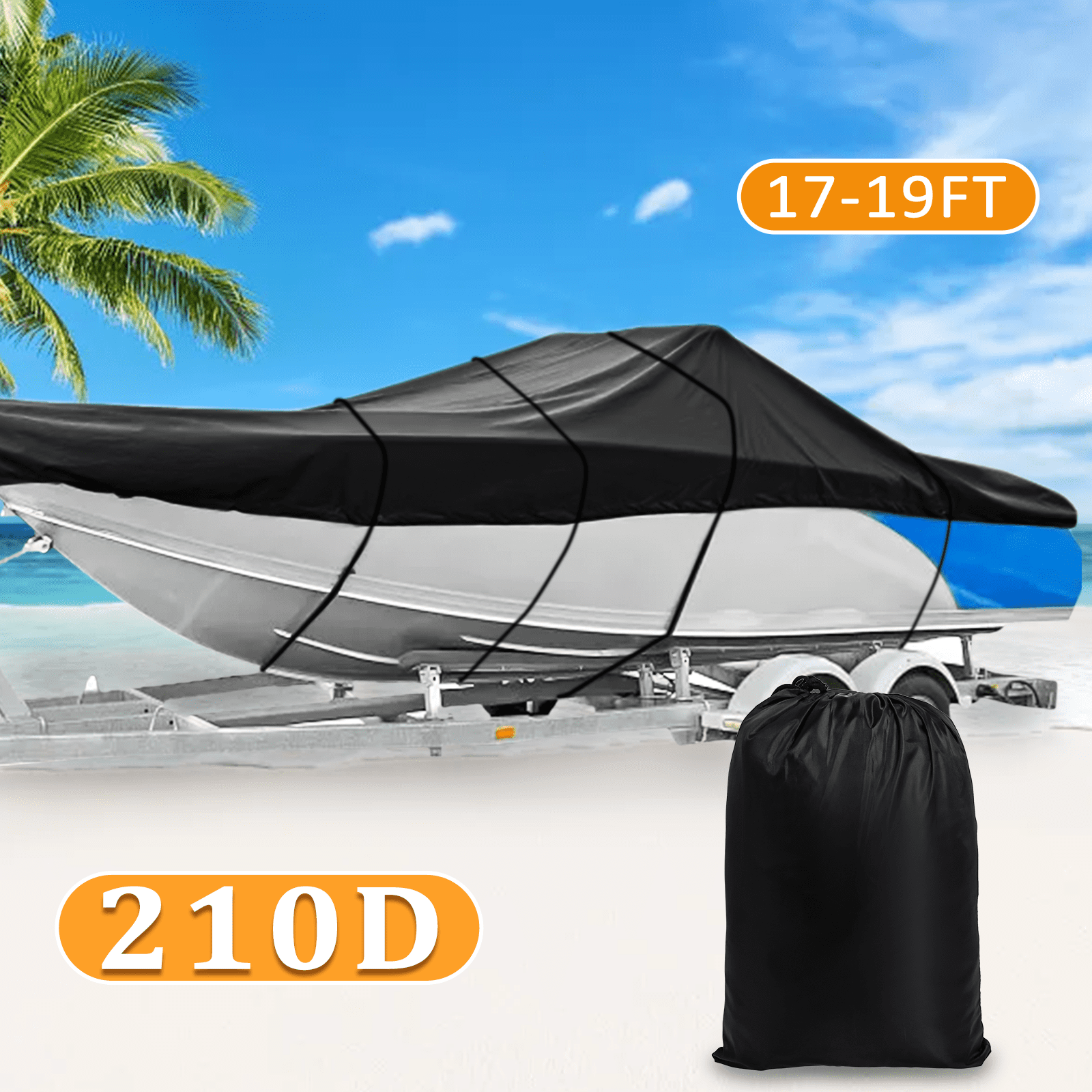 17-19ft Trailerable 210D Waterproof Boat Cover Fits V-Hull,TRI-Hull,Trailer,Pro-Style,Fishing Ski,Runabout,Bass Boat with Strap